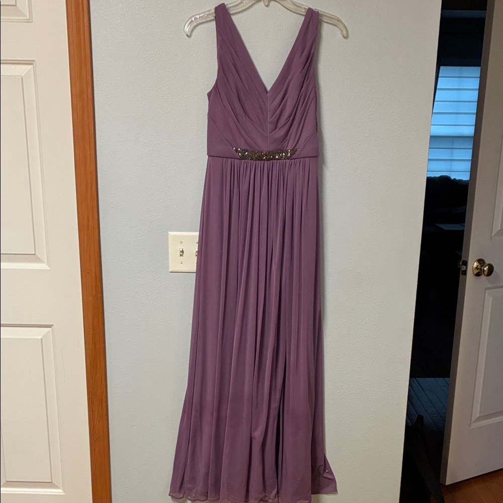 David's Bridal Quartz or wisteria V-Neck Chiffon Dress with Beaded Waist